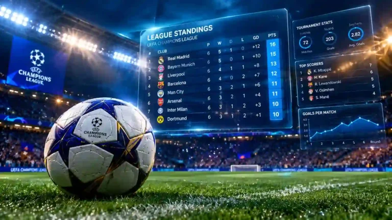 Close-up of a UEFA Champions League football on stadium grass with a digital holographic scoreboard showing current Champions League standings, points, and stats.