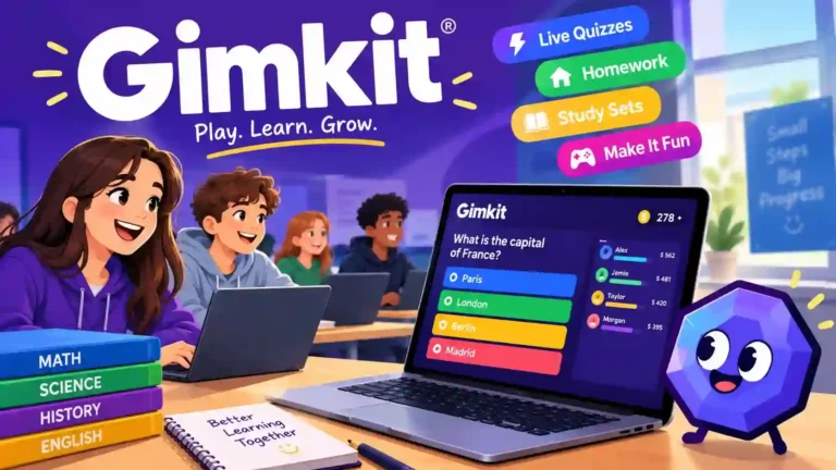 Students playing Gimkit live quiz game on laptop in classroom with math and science questions