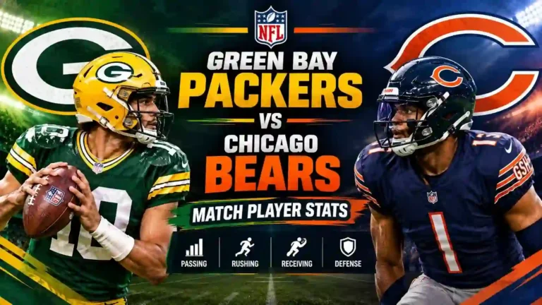 Green Bay Packers vs Chicago Bears match player stats graphic showing QB duel with passing rushing receiving defense icons.