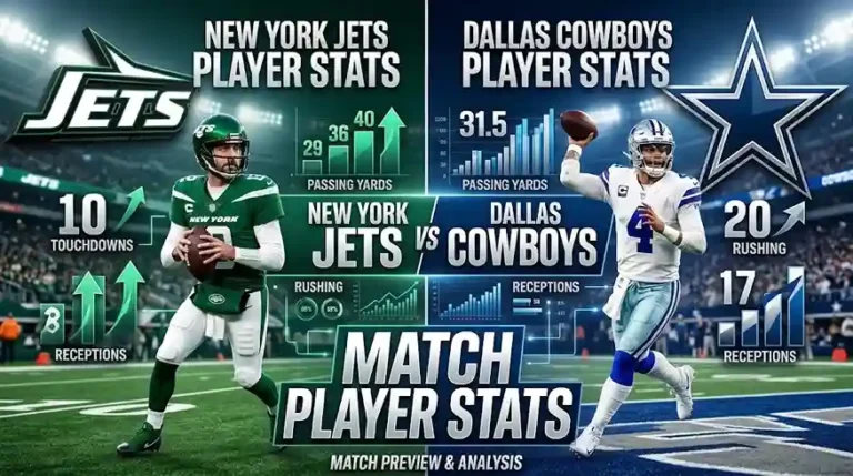 New York Jets vs Dallas Cowboys match player stats visual comparison featuring team quarterbacks with game analytics graphics